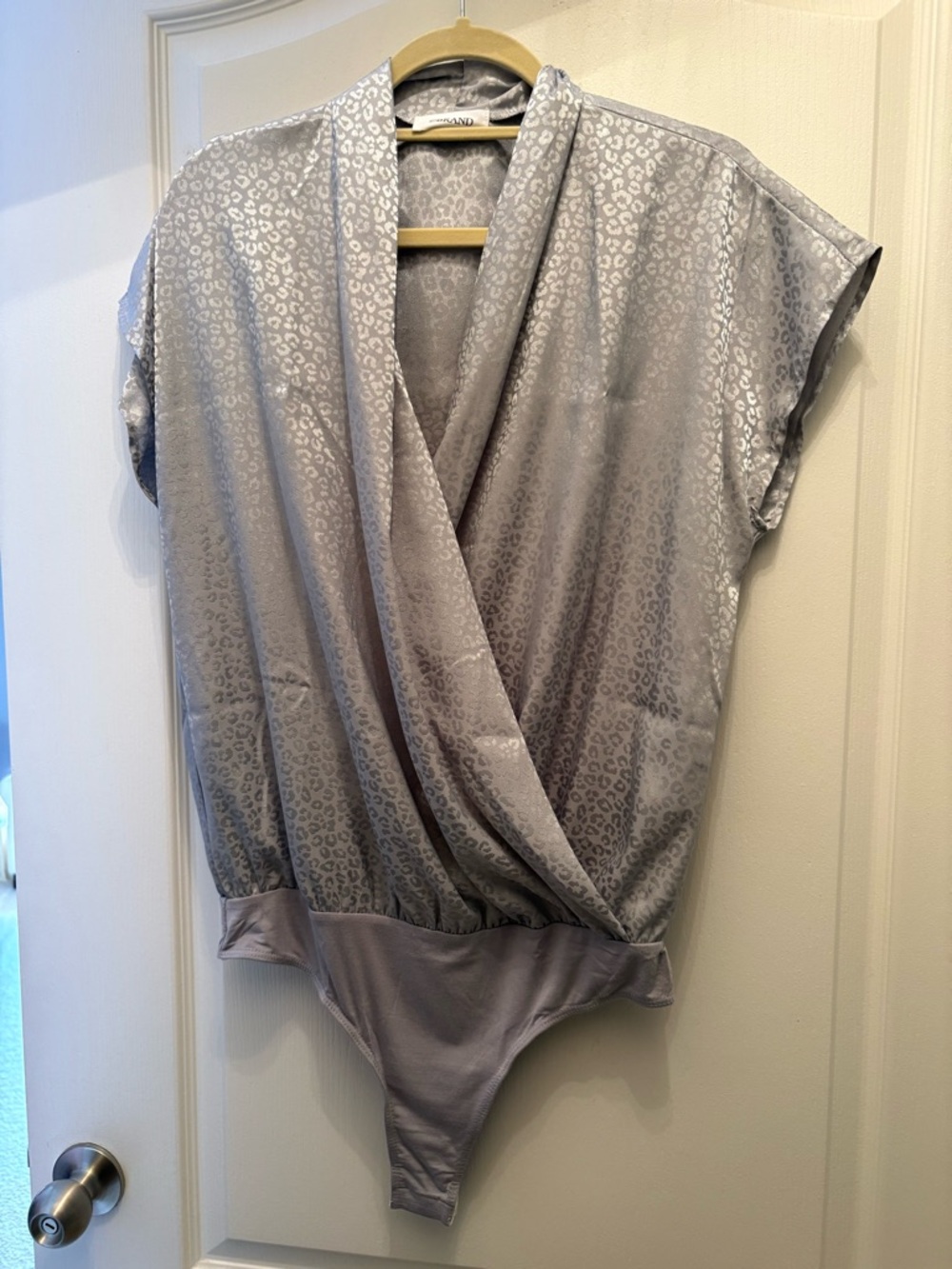Silver Leopard-Print Bodysuit Top L NWOT